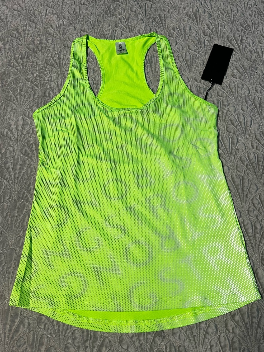 Zumba Fitness Strong id neon green Reflective Laser Cut out back Tank Medium NWT